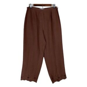 Jillian Jones Pants Brown Linen Blend Wide Leg Eyelet Scalloped Hem Trousers 12